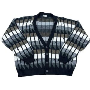 Vintage Cardigan Sweater Men Large  Geometric Grandpa 90s Made USA Knit Acrylic